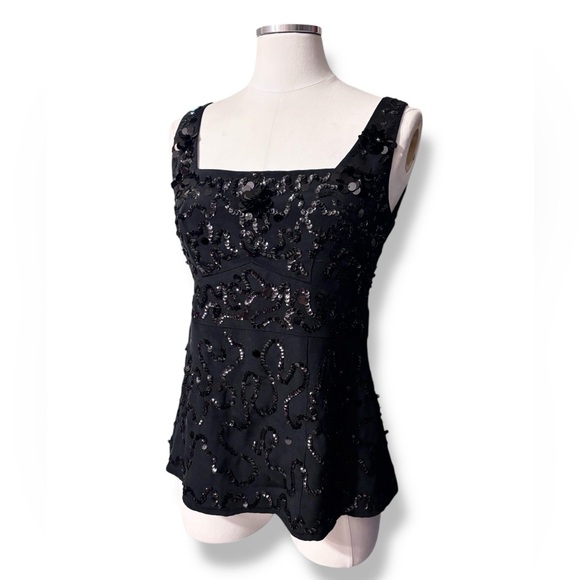 NANETTE LEPORE Black Square Neck Peplum Bodice Sequins & Paillettes Embellished - Picture 1 of 9